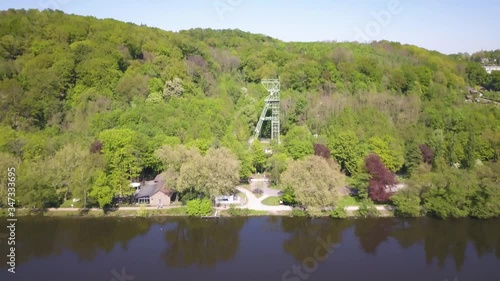 Aerial view of a coal mine in front of a lake (Baldeney) in Essen, North Rhine-Westphalia, Germany
 photo