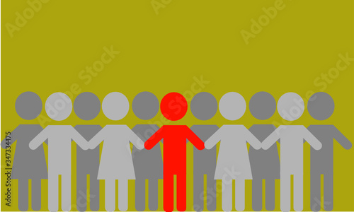 A lot of female and male icon stay close. Red male icon stay at center. Spreading germs (virus or bacteria). How to infection disease. Space needed. Icon Illustration vector.