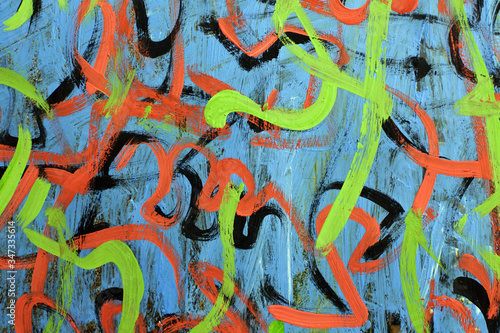 Sketch in the style of abstract expressionism. Dense colorful web. Acid doodles on a blue background.