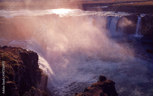 Misty falls in the evening sun - Godafoss, Iceland