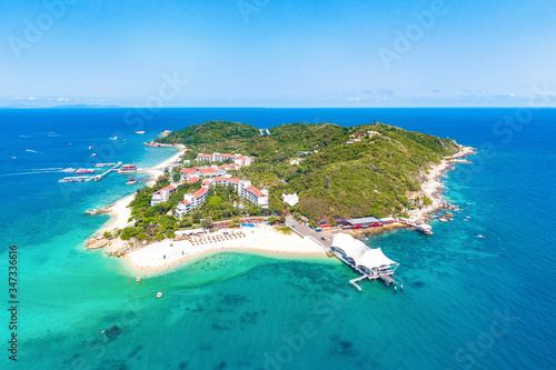 Wuzhizhou Island Aerial View, a Tropical Island Paradise with Resort and Recreational Beach for Sightseeing and Water Activities off the Shore of Haitang Bay, Sanya City, Hainan Province, China.