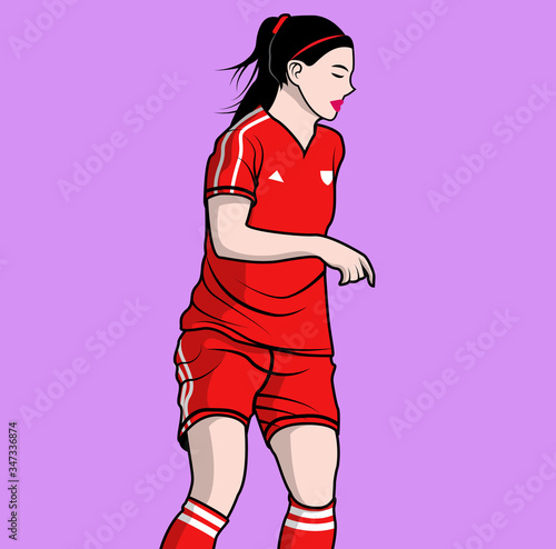 woman playing soccer with purple background