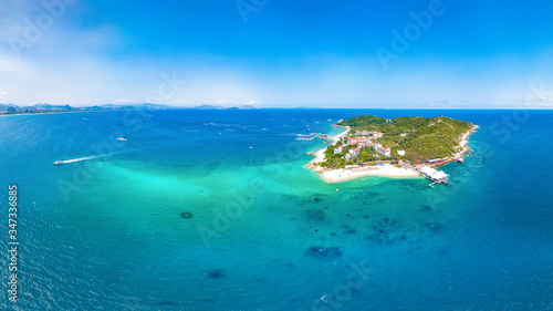 Wuzhizhou Island Aerial View, a Tropical Island Paradise with Resort and Recreational Beach for Sightseeing and Water Activities off the Shore of Haitang Bay, Sanya City, Hainan Province, China.
