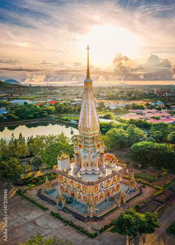 Aerial View With Drone of Wat Chalong or Chalong Temple in Pagoda at Phuket