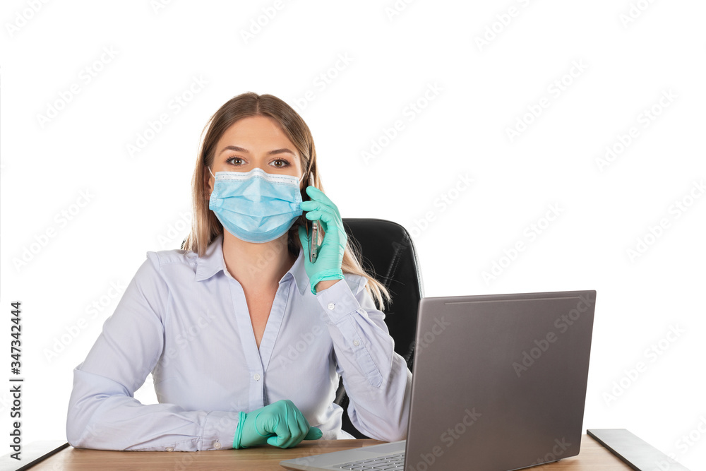Business woman with mask at work - isolated Business woman with mask at work - isolated