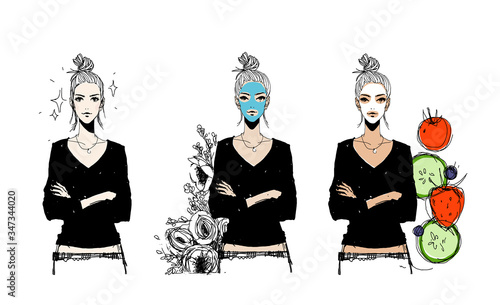 Beauty fashion girl apply different facial masks. Set. Vector hand-drawn sketch.
