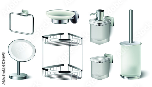 3d realistic vector icon collection of bathroom accessories. Mirror, liquid soap, shelf, brush for the toilet.