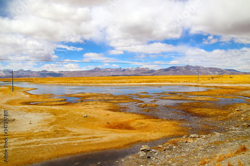 Landforms on the Qinghai-Tibet Plateau, under blue sky and white clouds, wetlands, grasslands, deserts and ice lakes interlace