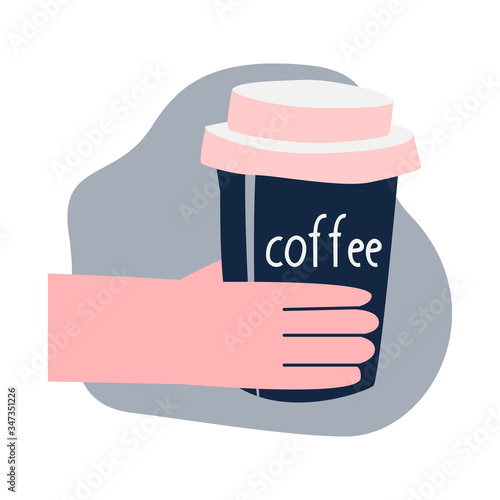 Hand holding a cup of coffee. Takeaway Cup. Vector illustration in flat style