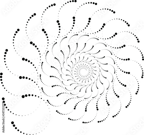 Black spiral abstract shape. Halftone dots. Nautilus. Trendy design element for frame, logo, tattoo, sign, symbol, web, prints, posters, template, pattern and abstract background
