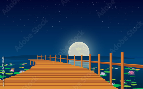 landscape of wooden bridge on the river in the moon night