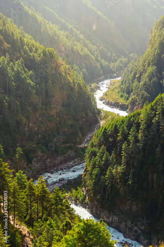 River curve in Everest region surrounded by pine tree forest, Himalaya mountains range in Nepal © skazzjy