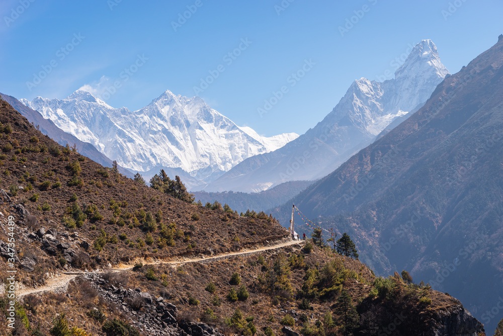 Everest base camp trekking trail with Everest, Lhotse , and Ama Dablam view, Himalaya mountains range in Nepal