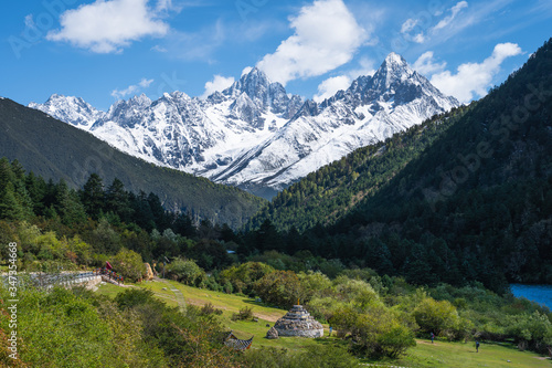 Gongga mountain and pine tree forest in Mugecuo national park, Kangding, Himalaya mountains range in Sichuan, China © skazzjy