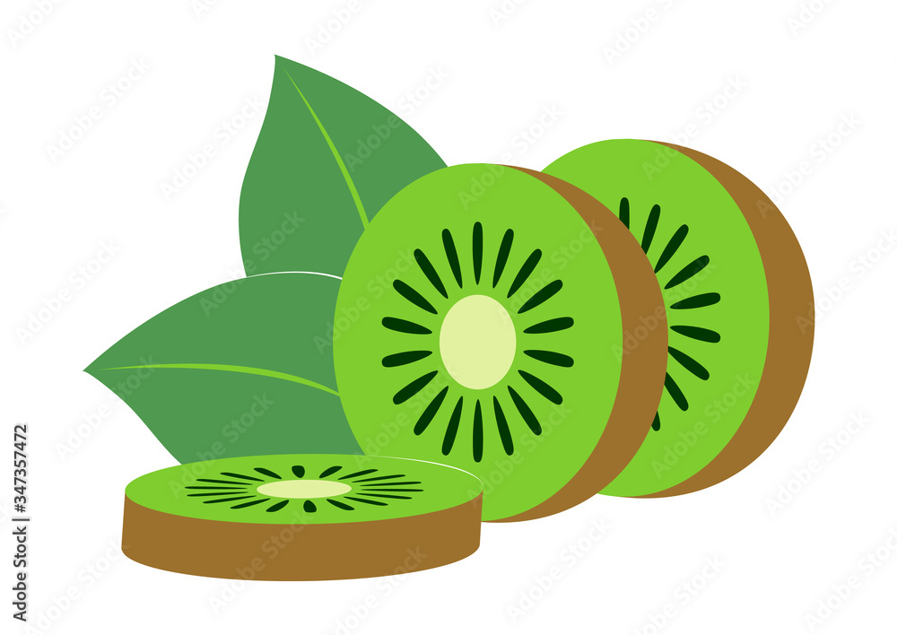 Kiwi fruit with green leaves isolated on white background. Slice of Kiwi. Vector illustration for any design. Kiwi fruit with green leaves isolated on white background. Slice of Kiwi. Vector illustration for any design.