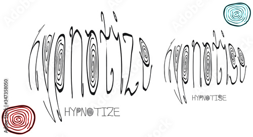 Swirly circular handwriting of the word Hypnotize including both US and UK spellings in the same style photo