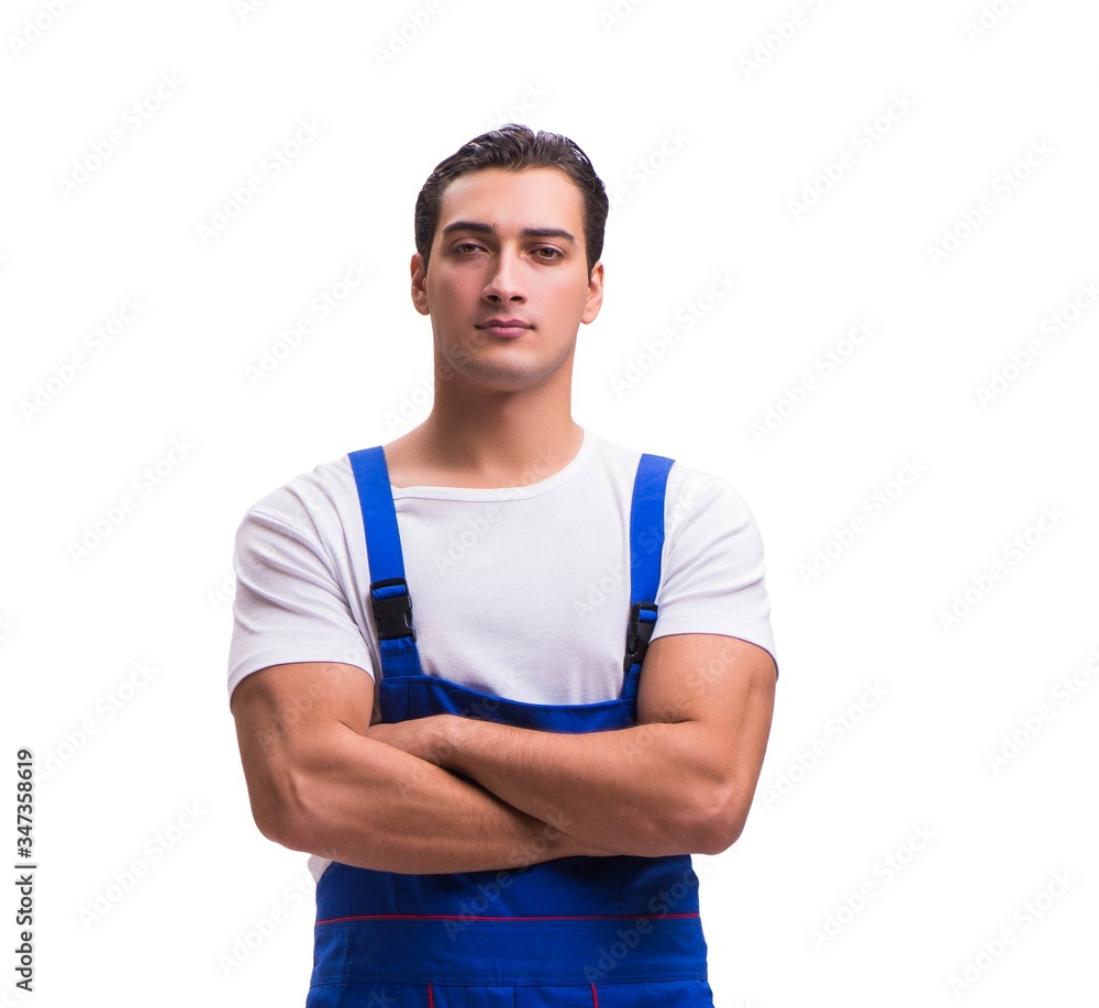 Handsome repairman wearing blue coveralls on white Handsome repairman wearing blue coveralls on white