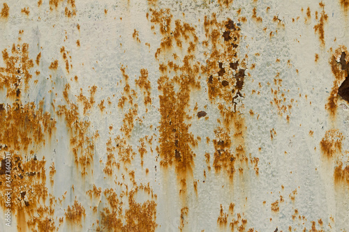 Rusty metal surface with streaks of rust. Rusted white painted metal wall. Metal abstract texture.