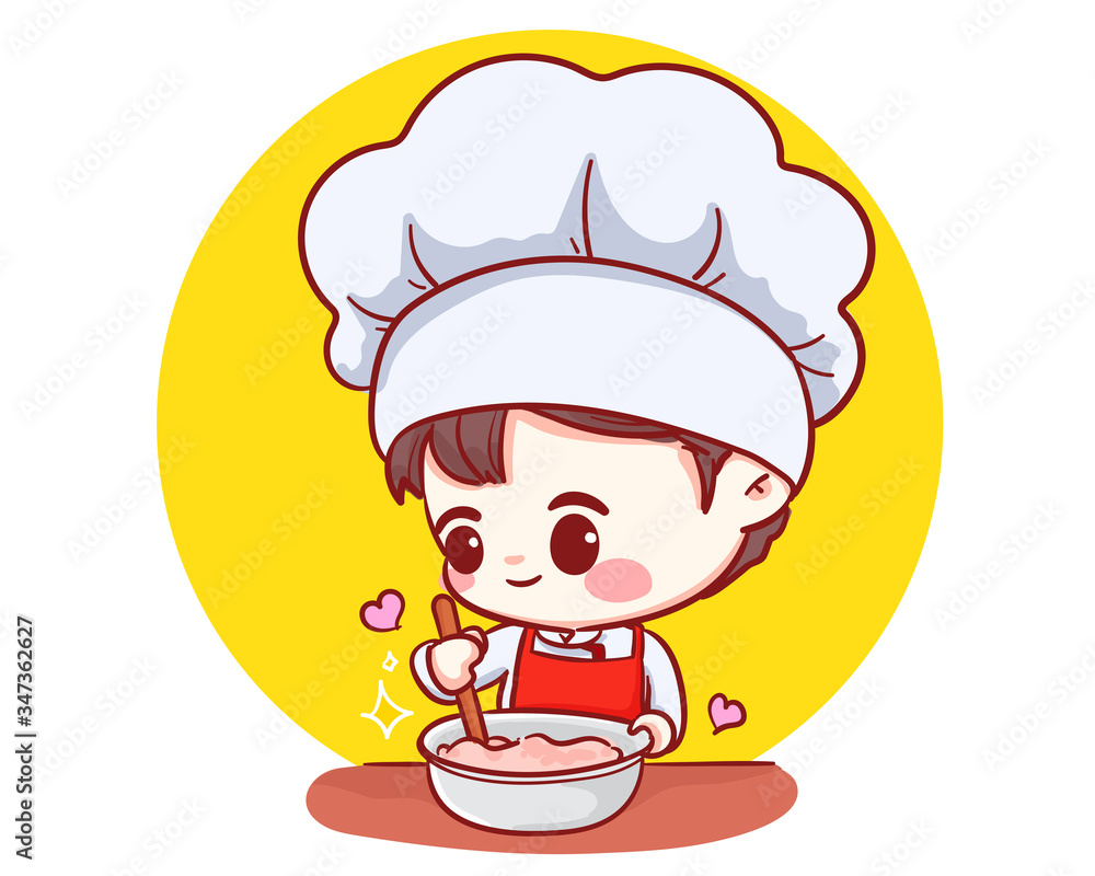 Cute Bakery chef boy Cooking smiling cartoon art illustration logo. Premium Vector Cute Bakery chef boy Cooking smiling cartoon art illustration logo. Premium Vector