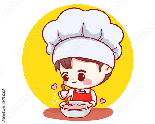 Cute Bakery chef boy Cooking smiling cartoon art illustration logo. Premium Vector