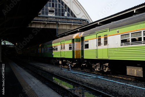 vintage train. diesel locomotive train stop at public station. old railway station with trains and railway. vintage transportation