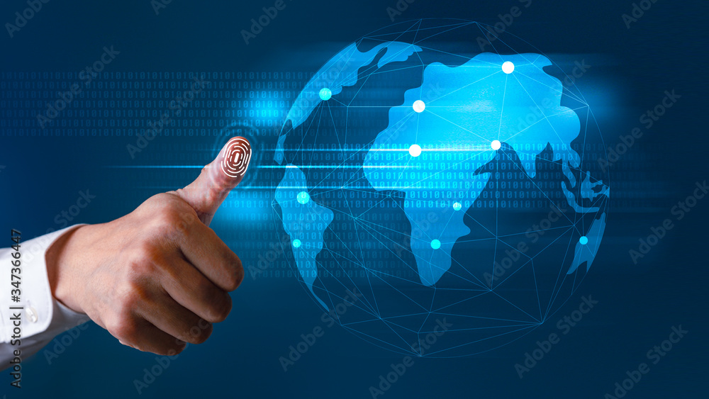 Businessman scan fingerprint biometric identity to provides security access. Safety wireless internet network technology on cloud system Businessman scan fingerprint biometric identity to provides security access. Safety wireless internet network technology on cloud system