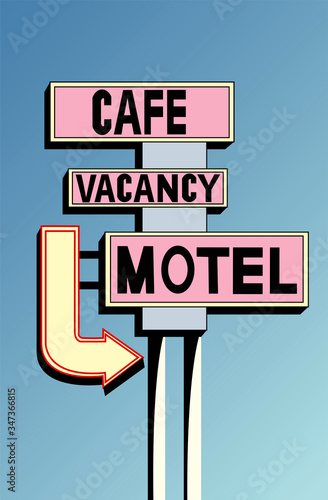 Creative concept travel vector illustration hotel hostel motel sign signboard on the road.