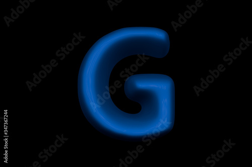 Fototapeta Naklejka Na Ścianę i Meble -  Glossy blue soft plastic alphabet - letter G isolated on black background, 3D illustration of symbols