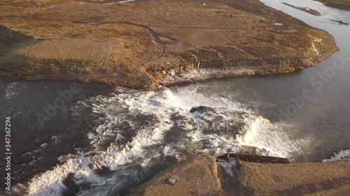 4K aerial footage of amazing waterfall known as Aegissufoss (Ægissíðufoss) Waterfall located in Hella, Iceland.