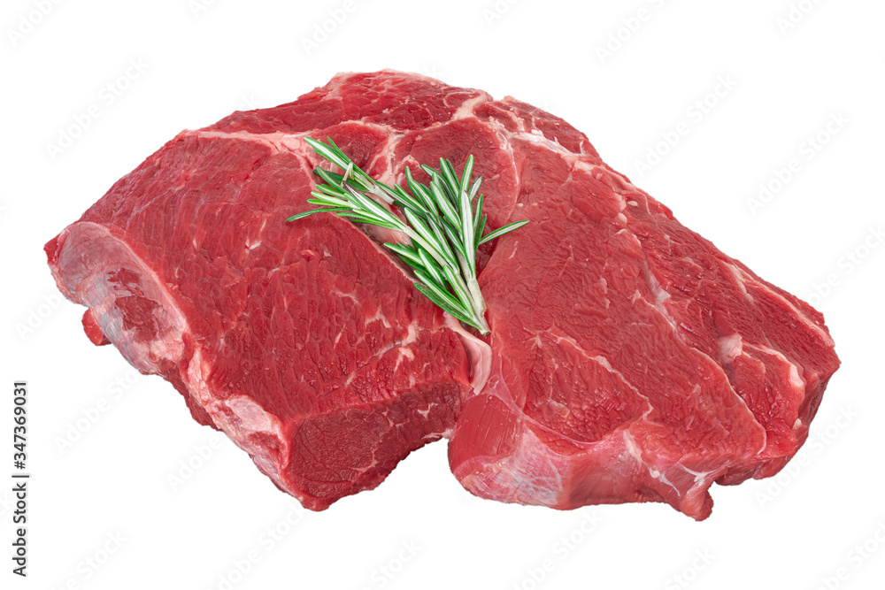 fresh raw beef meat with rosemary isolated on white.