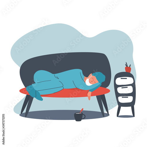 Vector flat illustration in cartoon style of a tired doctor after work. Medical worker in uniform sleeping on a sofa on an isolated white background.