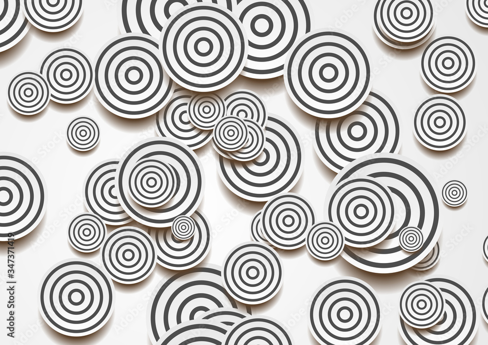 White circles with black rings abstract retro background. Vector design