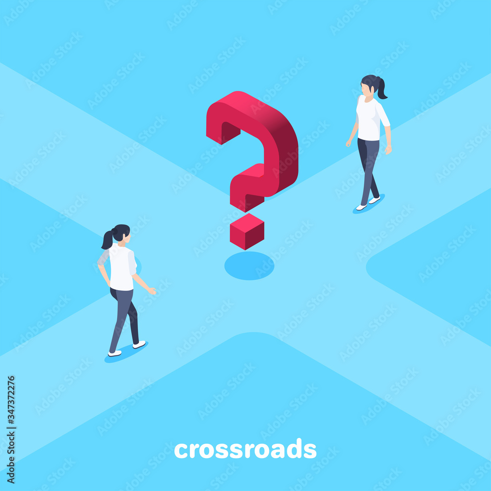 isometric vector image on a blue background, a woman goes to the center of the crossroads where is the red question mark isometric vector image on a blue background, a woman goes to the center of the crossroads where is the red question mark