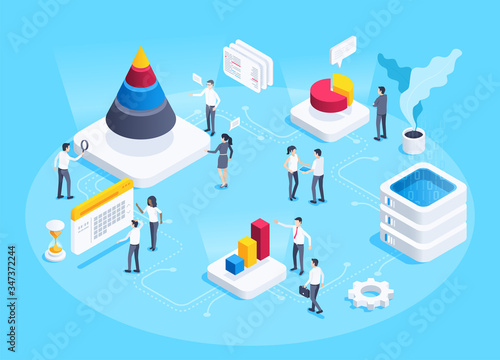 isometric vector image on a blue background, analytic center with employees, charts and data processing server, statistics collection