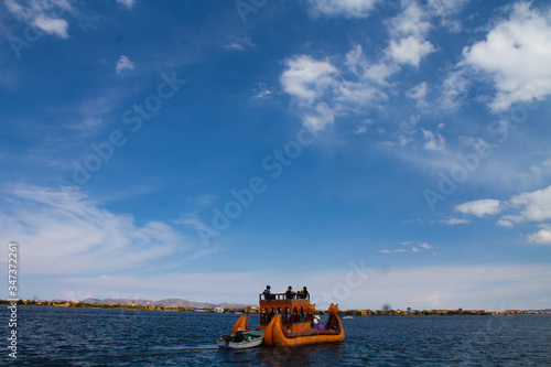 “Caballito de tototra” sailing on the island of the urus of lagoo Titicaca, Puno.