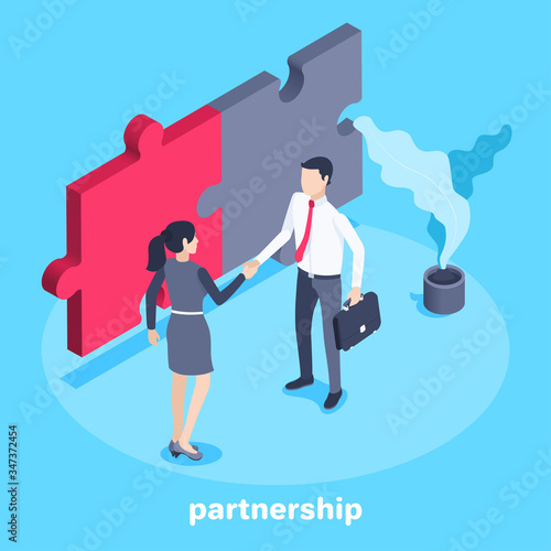 isometric vector image on a blue background, a man in business clothes shakes hands with a woman and then connected pieces of a puzzle, business cooperation and partnership