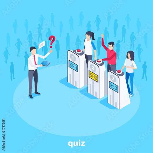 isometric vector image on a blue background, man and women participate in a quiz and presenter with a tablet, television show