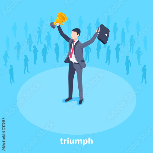 isometric vector image on a blue background, a man in a business suit joyfully raised his hands up with a golden cup and a briefcase, triumph or victory