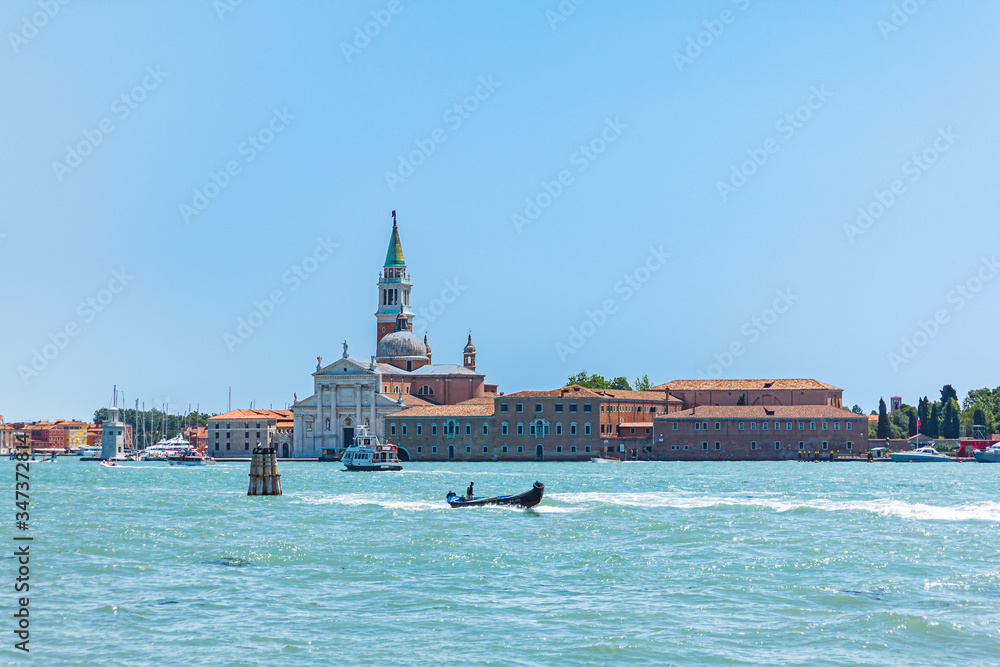 Wide view of the San Giorgio Maggiore Cathedral, located on the island of the same name. Venice, Italy, Europe.