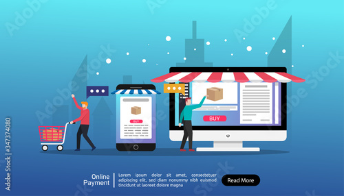 Online payment landing page design. People character doing transaction and shopping with online payment. Secure money transfer, vector template illustration