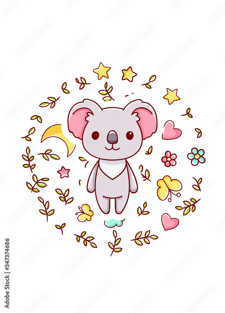 Fototapeta premium Cute kawaii hand drawn koala doodles, circle print , isolated on white background