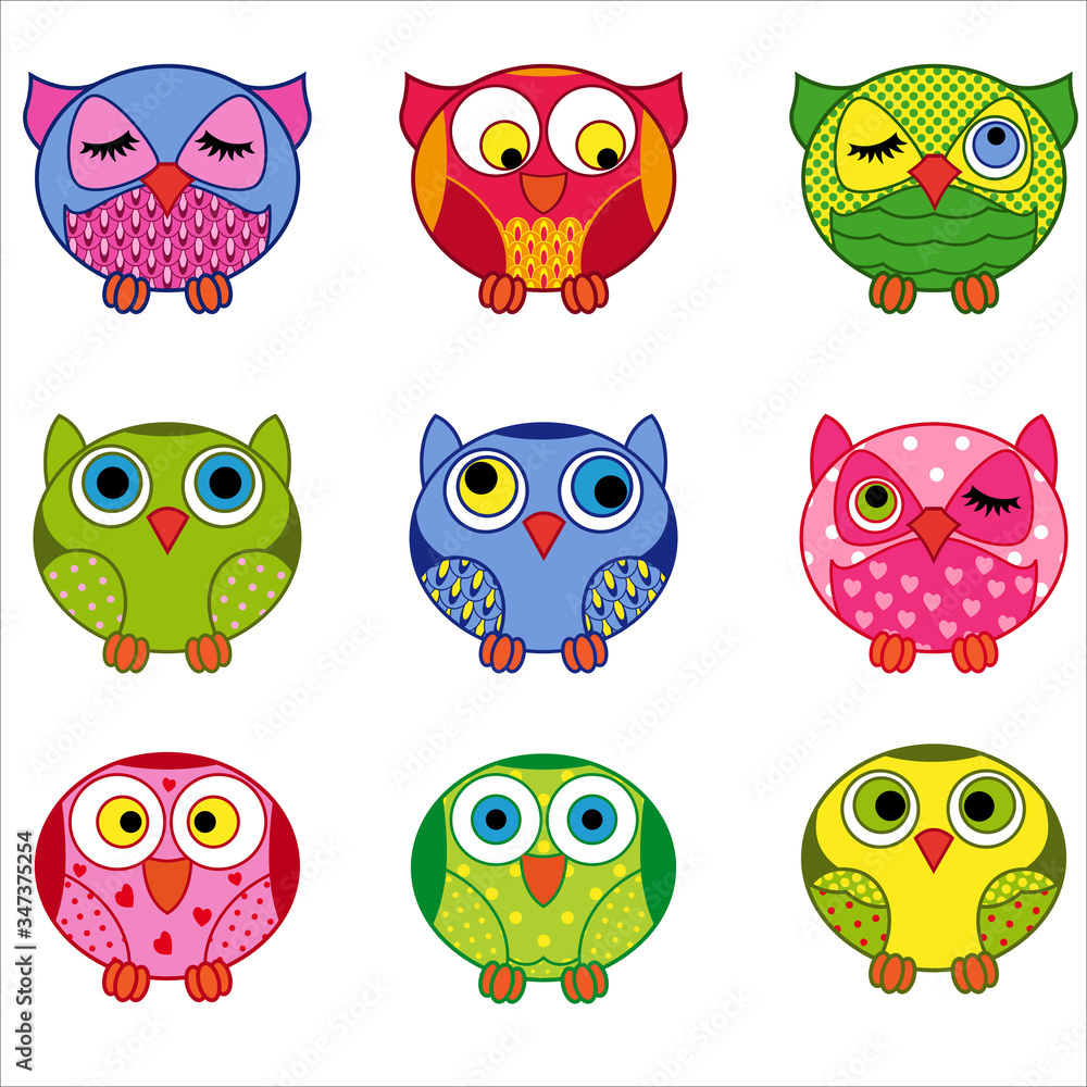Set of nine cartoon oval owls Set of nine cartoon oval owls