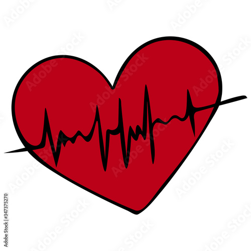 Heart with pulse. Cardiology. Assessment of artery pulsation.Vector illustration. Scarlet symbol on an isolated white background. Cartoon style. Examination of the patient. A vital biological process.