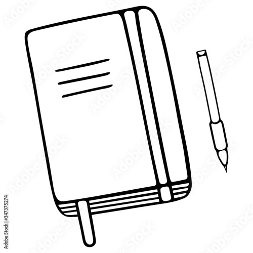 Personal diary and ballpoint pen. Sketch. Notepad for notes. Closed. Diary. Notebook for keeping daily notes. Outline on an isolated background. Doodle style. Notebook for keeping a to-do list. 