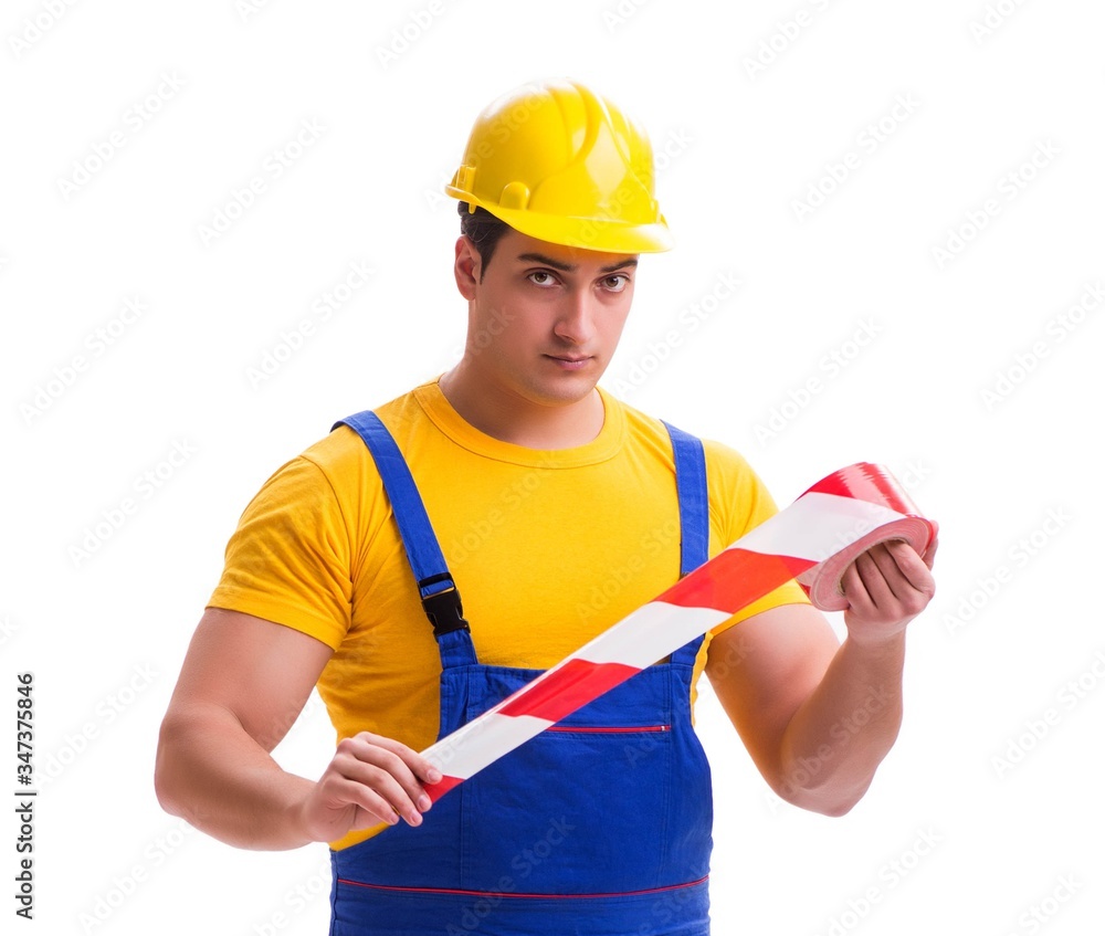 Funny worker wearing coveralls with tape Funny worker wearing coveralls with tape