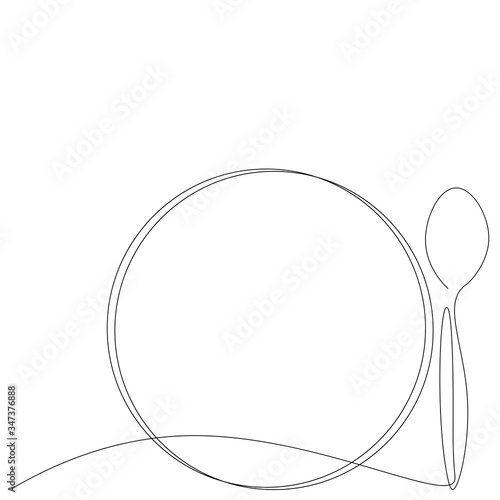 Spoon and plate silhouette one line drawing, vector illustration