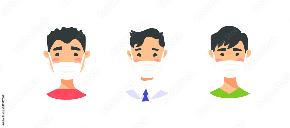 Set of male and female characters. Cartoon style masked people icons. Isolated guys avatars. Flat illustration protected men and women faces. Hand drawn vector drawing safe girls and boys portraits Set of male and female characters. Cartoon style masked people icons. Isolated guys avatars. Flat illustration protected men and women faces. Hand drawn vector drawing safe girls and boys portraits