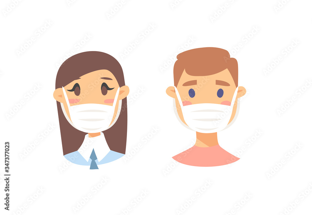 Set of male and female characters. Cartoon style masked people icons. Isolated guys avatars. Flat illustration protected men and women faces. Hand drawn vector drawing safe girls and boys portraits Set of male and female characters. Cartoon style masked people icons. Isolated guys avatars. Flat illustration protected men and women faces. Hand drawn vector drawing safe girls and boys portraits
