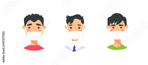 Set of male and female characters. Cartoon style masked people icons. Isolated guys avatars. Flat illustration protected men and women faces. Hand drawn vector drawing safe girls and boys portraits