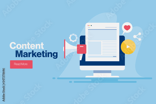 Content marketing, social media sharing, engaging online audience, blog writing and promotion, increase conversion via content promotion, seo concept. Internet and business web banner.
